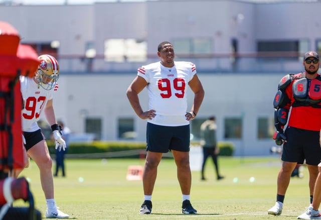 San Francisco 49ers’ Alfred Collins (99) watches teammates during a practice at Levi’s Stadium in Santa Clara, Calif., on Friday, May 9, 2025. (Shae Hammond/Bay Area News Group)