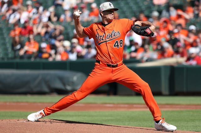 May 17, 2025; Baltimore, Maryland, USA; Baltimore Orioles pitcher Kyle Gibson (48) throws during the first inning against the Washington Nationals at Oriole Park at Camden Yards. Mandatory Credit: Daniel Kucin Jr.-Imagn Images/File Photo