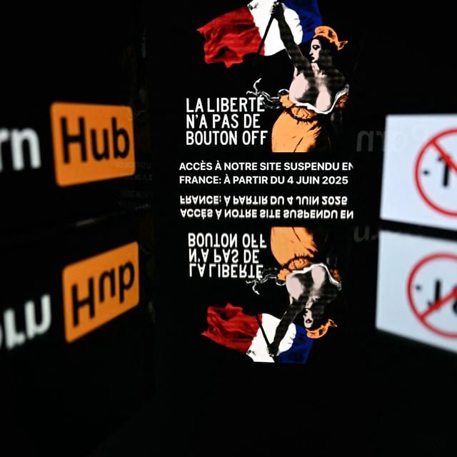 banned to under 18 symbol, a Pornhub logo, and a page on Pornhub with the image of the allegorical figure of Liberty "Marianne" from Eugene Delacroix's 1830 painting "Liberty Leading the People"