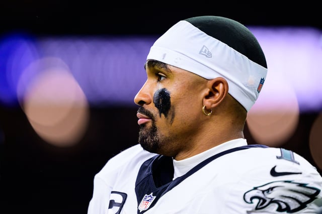 Jalen Hurts #1 of the Philadelphia Eagles looks on against the New Orleans Saints at Caesars Superdome on September 22, 2024 in New Orleans, Louisiana.
