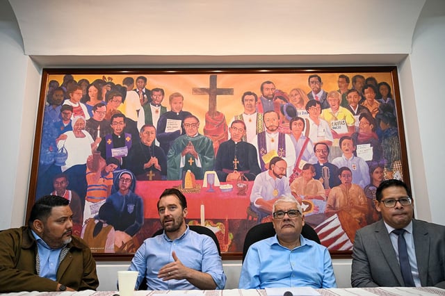 Executive director of the NGO Cristosal, Noah Bullock (C) speaks next to director of research Rene Valiente (L), Abraham Abrego (2nd R), director of the strategic litigation and Guatemalan lawyer Rafael Cruz (R) during a press conference in Guatemala City on July 17, 2025.