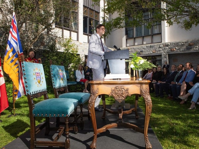  B.C. Premier David Eby answers questions during a press conference following a cabinet swearing-in ceremony at Government House in Victoria, Thursday, July 17, 2025.