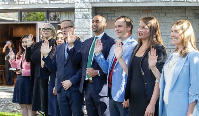  Left to right: Anne Kang, Minister of Tourism, Arts, Culture and Sport; Nina Krieger, Minister of Public Safety and Solicitor General; Jessie Sunner, Minister of Post Secondary Education and Future Skills; Rick Glumac, Minister State for AI and New Technologies; Ravi Kahlon, Minister of Jobs and Economic Growth; Spencer Chandra-Herbert, Minister of Indigenous Relations and Reconciliation; Christine Boyle, Minister of Housing and Municipal Affairs; and Diana Gibson, Minister of Citizens’ Services are sworn in at a ceremony at Government House in Victoria on Thursday.
