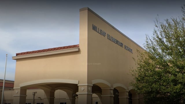 A Google Street View screenshot shows the outside of Millsap Elementary School in Millsap, Texas.