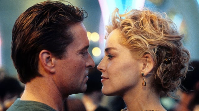 Michael Douglas and Sharon Stone dancing in scene from the film &#39;Basic Instinct&#39;, 1992. (Photo by TriStar/Getty Images)