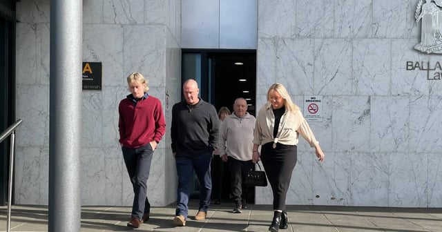 Hannah McGuire's parents leave the court room in Ballarat after Lachlan Young changed his plea to guilty to her murder. Picture by Alex Dalziel