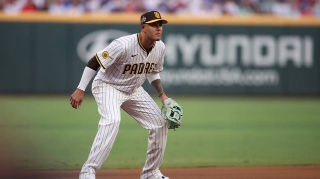 Jul 15, 2025; Cumberland, Georgia, USA; National League third baseman Manny Machado (13) of the San Diego Padres looks on during the 2025 MLB All Star Game at Truist Park. Mandatory Credit: Brett Davis-Imagn Images
