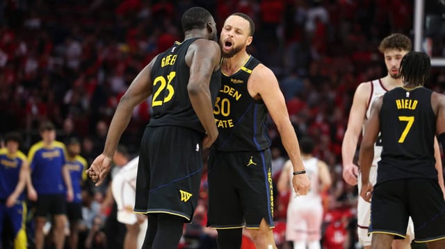 May 4, 2025; Houston, Texas, USA; Golden State Warriors guard Stephen Curry (30) celebrates with forward Draymond Green (23) after a play during game seven of the first round for the 2025 NBA Playoffs against the Houston Rockets at Toyota Center. © Troy Taormina-Imagn Images