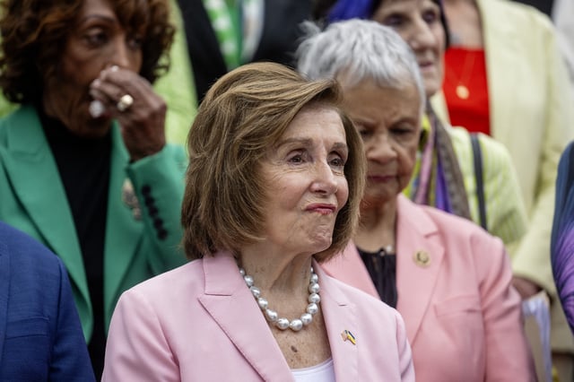 US Congresswoman Nancy Pelosi, Democrat of California looks on during a press conference on the steps of the US Capitol after the Senate passed the &#34;Big Beautiful Bill Act&#34; earlier in the day in Washington, DC, on July 2, 2025.
