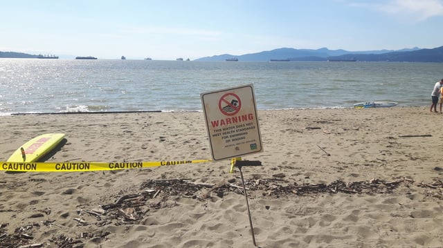 A sign warns people not to swim at English Bay.