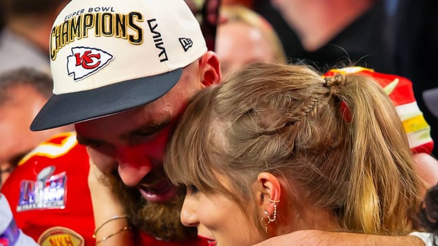Chiefs tight end Travis Kelce and Taylor Swift celebrate at Allegiant Stadium after the 2024 Super Bowl.