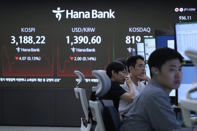 Currency traders watch monitors near a screen showing the Korea Composite Stock Price Index (KOSPI), top left, and the foreign exchange rate between U.S. dollar and South Korean won, top center, at the foreign exchange dealing room of the Hana Bank headquarters in Seoul, South Korea, Friday, July 18, 2025. (AP Photo/Ahn Young-joon)