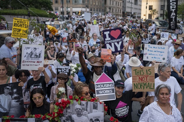 NEW YORK, UNITED STATES - JULY 17: People take part in &#34;Good Trouble Lives On&#34; rally and march to commemorate the fifth anniversary of the death of former U.S. congressman and civil rights leader John Lewis and to denounce the Trump administration&#39;s immigrations polices in New York, U.S , on July, 17, 2025. (Photo by Mostafa Bassim/Anadolu via Getty Images)