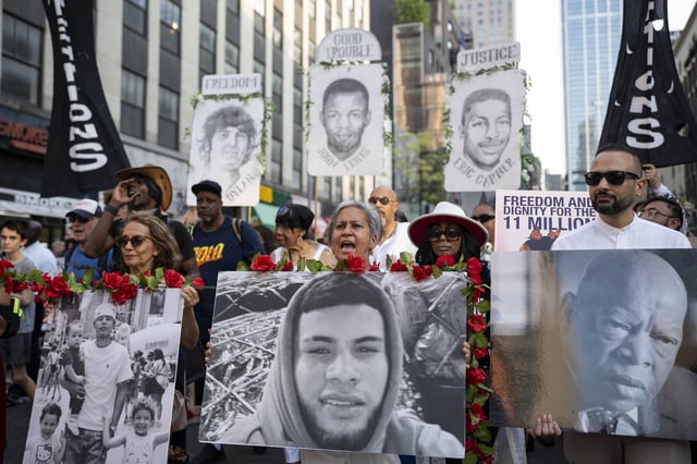 NEW YORK, UNITED STATES - JULY 17: People take part in &#34;Good Trouble Lives On&#34; rally and march to commemorate the fifth anniversary of the death of former U.S. congressman and civil rights leader John Lewis and to denounce the Trump administration&#39;s immigrations polices in New York, U.S , on July, 17, 2025. (Photo by Mostafa Bassim/Anadolu via Getty Images)