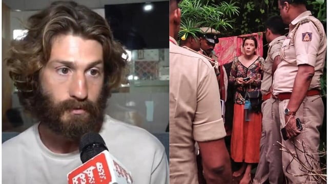 Dror Goldstein speaks to reporters, days after Russian Woman Nina Kutina and her kids were rescued from a forest cave near Gokarna.