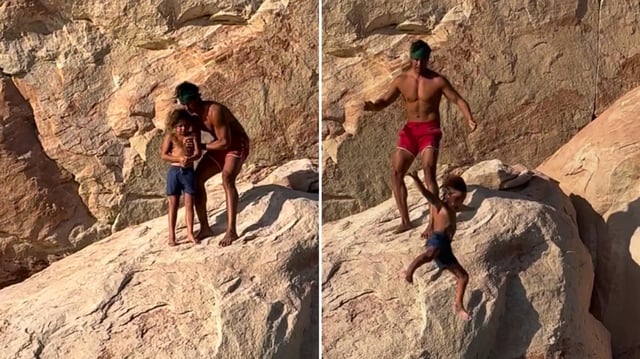 Der Influencer Garrett Gee veröffentlichte ein Video auf Instagram, indem er seinen Sohn von einem Felsen ins Wasser wirft, nachdem er sich alleine nicht getraut hatte.