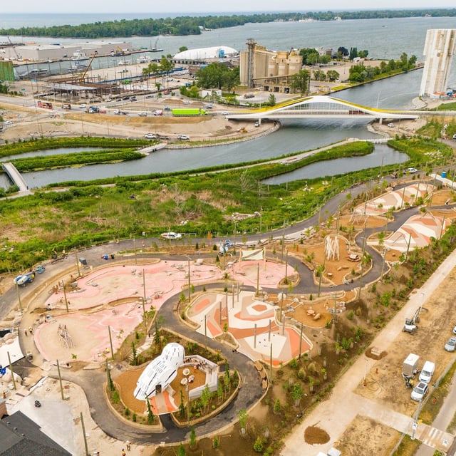 Part of Biidaasige Park nears completion on July 17, 2025, as preparations remain underway ahead of its public opening in Toronto’s Port Lands. (Sammy Kogan/The Globe and Mail)