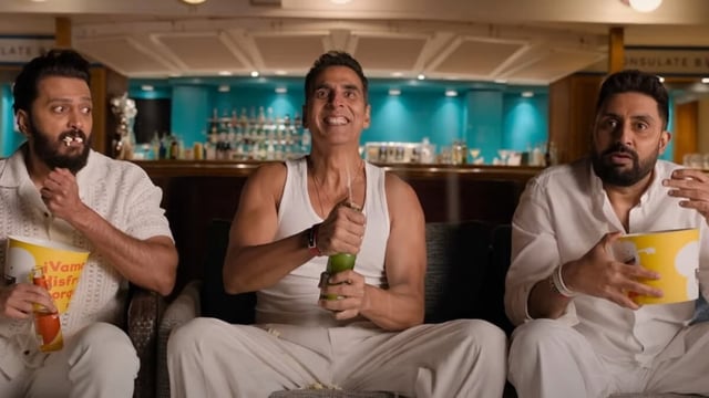 Housefull 5 OTT release: Riteish Deshmukh, Akshay Kumar and Abhishek Bachchan in a still from the film. 
