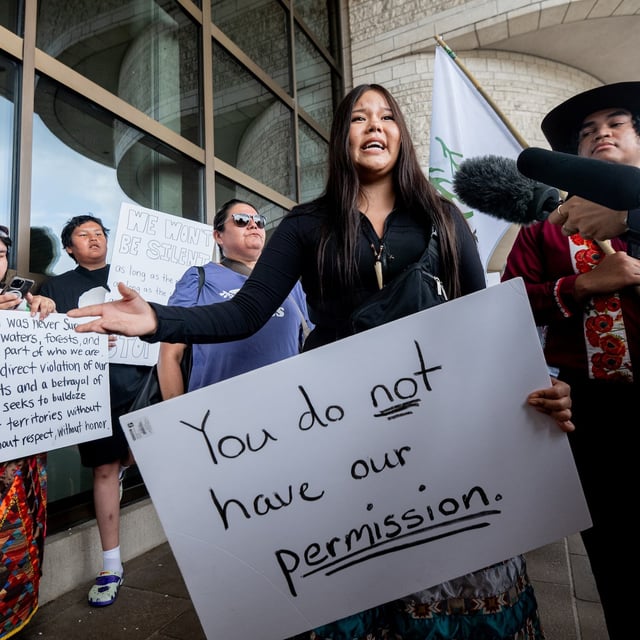 Keisha Paulmartin of Okiniwak Youth Led Movement speaks on Thursday at a protest at the Canadian Museum of History in Gatineau, Que., where Prime Minister Mark Carney met with Indigenous chiefs the same day.