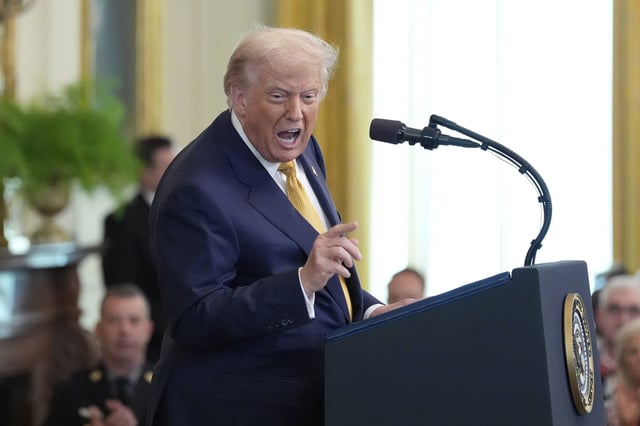 President Donald Trump speaks during a ceremony to sign the "Halt All Lethal Trafficking of Fentanyl Act," in the East Room of the White House, Wednesday, July 16, 2025, in Washington. (AP Photo/Alex Brandon)