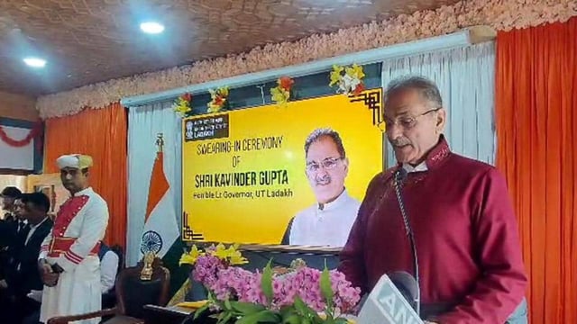 BJP leader Kavinder Gupta taking oath as the new lieutenant governor of the Union Territory of Ladakh, in Leh on Friday. Jammu and Kashmir and Ladakh high court chief justice Arun Palli administered him the oath. (ANI Photo)