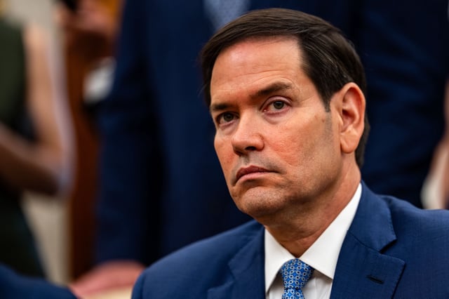 WASHINGTON, DC - JULY 14: U.S. Secretary of State Marco Rubio listens as U.S. President Donald Trump meets with Mark Rutte, NATO&#39;s secretary general, at the White House on July 14, 2025 in Washington, DC. The President told reporters over the weekend that he would be making a &#34;major statement&#34; today about Russia, as he expressed his growing frustration with President Vladimir Putin&#39;s refusal to end the war in Ukraine. (Kent Nishimura for The Washington Post via Getty Images)