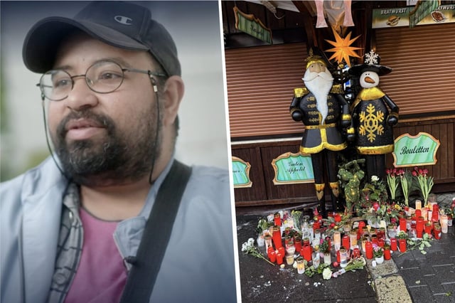 Links sieht man einen Araber mit einer Kappe und einer Brille – es handelt sich um einen Bekannten des Magdeburg-Attentäters namens Ahmad A., daneben sieht man Kerzen am Tatort des Anschlags