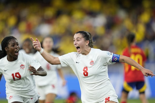 Canada's Florianne Jourde celebrates her side's opening goal during a U-20 Women's World Cup round of sixteen soccer match against Spain in Cali, Colombia, Wednesday, Sept. 11, 2024. (AP Photo/Dolores Ochoa)