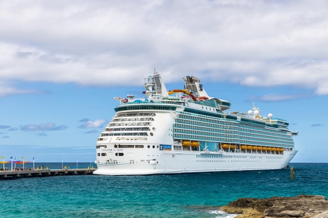 The Navigator of the Seas cruise ship while docked at the CocoCay port where people can enjoy the private beach, food, drinks, and activities, Bahamas, October 12, 2019.