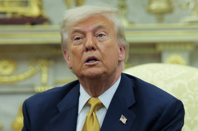 President Donald Trump speaking to reporters during a meeting with Crown Prince of Bahrain Salman bin Hamad Al Khalifa in the Oval Office of the White House on July 16, 2025, in Washington, D.C.