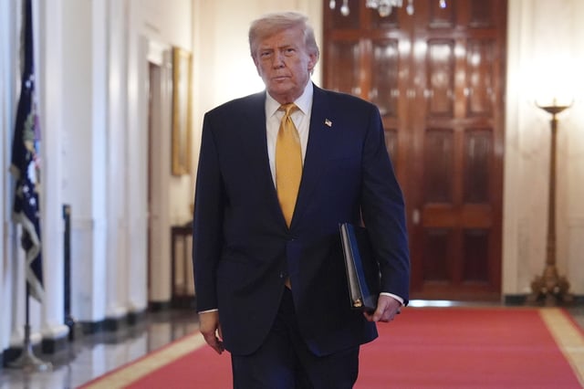President Donald Trump arriving before speaking at a ceremony to sign the &#34;Halt All Lethal Trafficking of Fentanyl Act,&#34; in the East Room of the White House, Wednesday, July 16, 2025, in Washington.