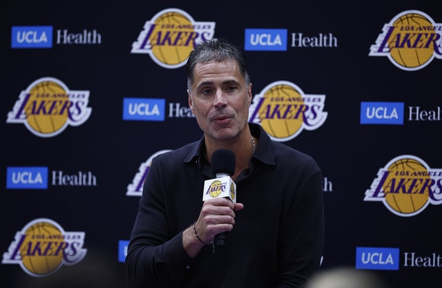 General Manager Rob Pelinka of the Los Angeles Lakers speaks with the media during a press conference at UCLA Health Training Center on September 25, 2024 in El Segundo, California.
