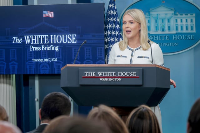 White House Press Secretary Karoline Leavitt speaks during a press briefing in the Brady Press Briefing Room at the White House on July 17, 2025.