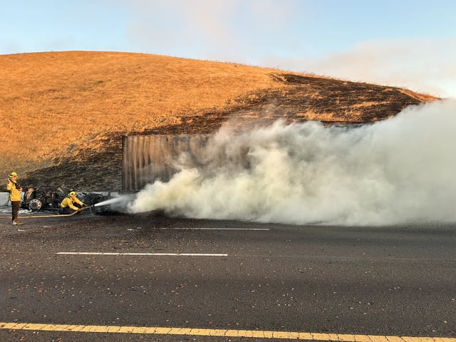 Firefighters battle a truck fire on Interstate 580 in Alameda County. (July 18, 2025)