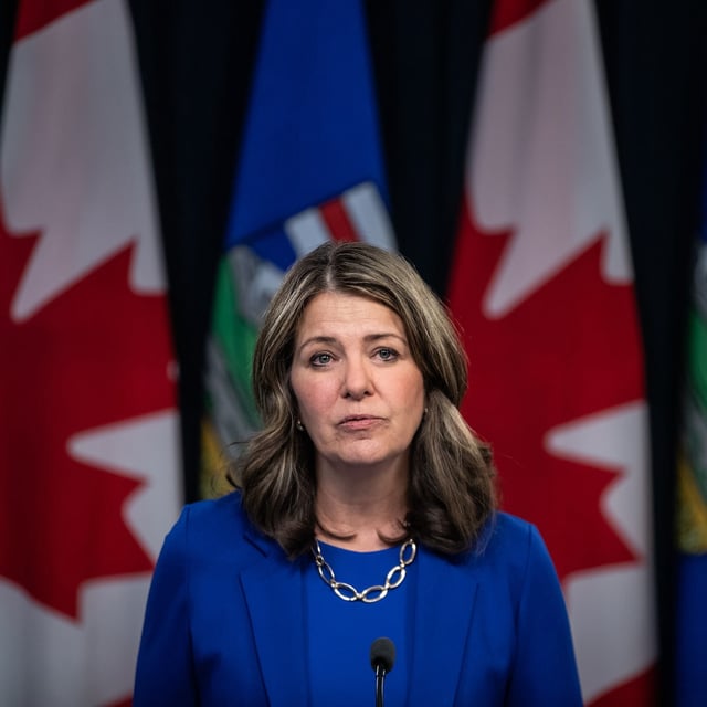 Alberta Premier Danielle Smith announces proposed changes to several pieces of democratic process legislation in Edmonton on Tuesday, April 29, 2025. THE CANADIAN PRESS/Jason Franson