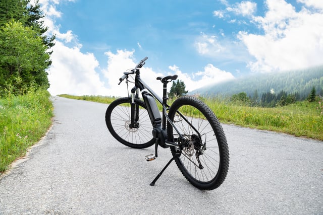 Stock image of an electric mountain bike.