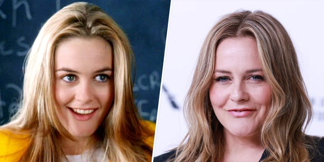 Alicia Silverstone in "Clueless" and in 2024.
