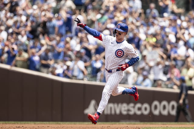 Pete Crow-Armstrong #4 of the Chicago Cubs rounds the bases for a two-run home run in the first inning against the Milwaukee Brewers at Wrigley Field on June 19, 2025 in Chicago, Illinois.