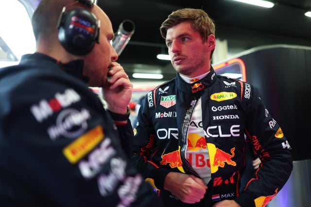 Max Verstappen of the Netherlands and Oracle Red Bull Racing talks with Gianpiero Lambiase, Head of Racing of Oracle Red Bull Racing in the garage during qualifying ahead of the F1 Grand Prix of Great Britain at Silverstone Circuit on July 05, 2025 in Northampton, England.