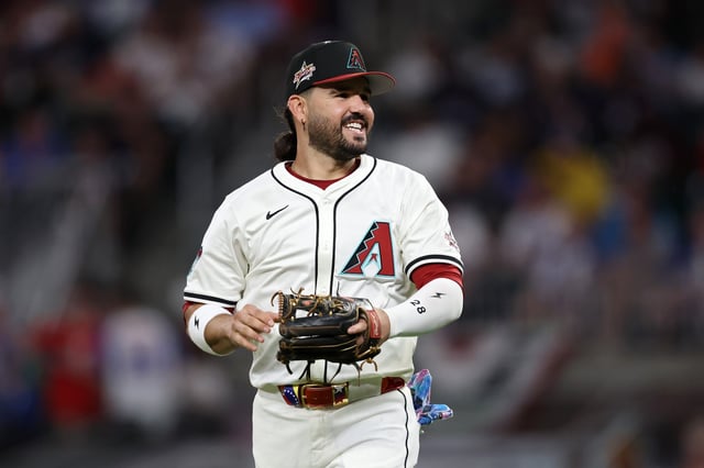 ATLANTA, GEORGIA - JULY 15: Eugenio Suárez #28 of the Arizona Diamondbacks reacts during the ninth inning of the MLB All-Star Game at Truist Park on July 15, 2025 in Atlanta, Georgia.
