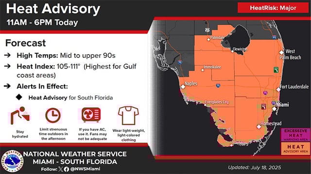 National Weather Service heat advisory for South Florida on Friday July 18, 2025
