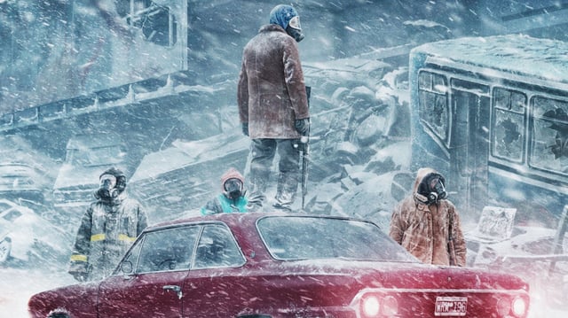 Promotional poster for Netflix's original sci-fi series El Eternauta, depicting five masked individuals braving a toxic snowstorm in a devastated urban environment. One figure stands atop a red car with a shotgun, surrounded by wreckage, collapsed structures, and a frozen bus — capturing the show's post-apocalyptic tone and survivalist narrative.