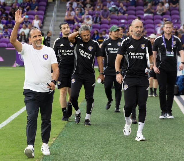 Orlando City head coach Oscar Pareja walks onto the field before the soccer match against CF Montréal at the Inter &amp; Co Stadium in Orlando, Fla., Saturday, July 12, 2025. (Willie J. Allen Jr./Orlando Sentinel)