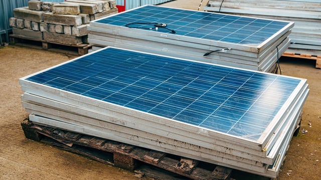 Old obsolete solar panels in factory yard.