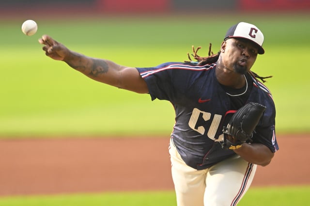 Jun 27, 2025; Cleveland, Ohio, USA; Cleveland Guardians starting pitcher Luis Ortiz (45) delivers a pitch in the first inning against the St. Louis Cardinals at Progressive Field. Mandatory Credit: David Richard-Imagn Images/File Photo
