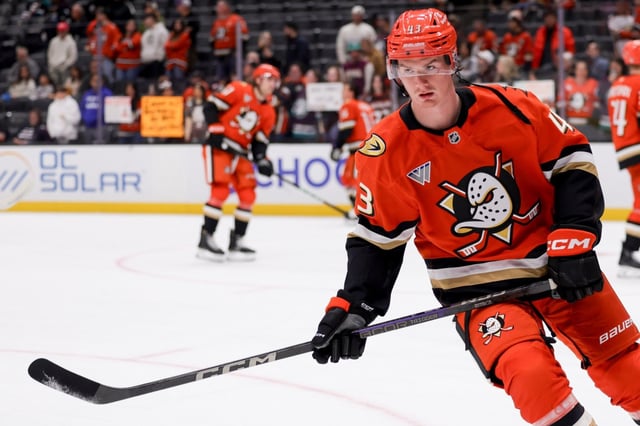 The Ducks’ Drew Helleson skates during warmups before a game against the Ottawa Senators on Dec. 1, 2024, at Honda Center. (Photo by Ryan Sirius Sun/Getty Images)
