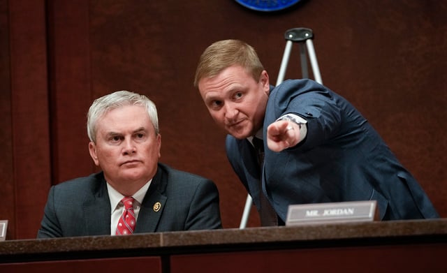 Jun 12, 2025; Washington, DC, USA; House Oversight Chair James Comer (R-KY), left, waits for Gov. Tim Walz (D-MN), Gov. Kathy Hochul (D-NY), and Gov. JB Pritzker (D-IL) to testify before the House Committee on Oversight and Government Reform during a hearing on state immigration enforcement policy in Washington, D.C., on June 12, 2025. Mandatory Credit: Jack Gruber-USA TODAY