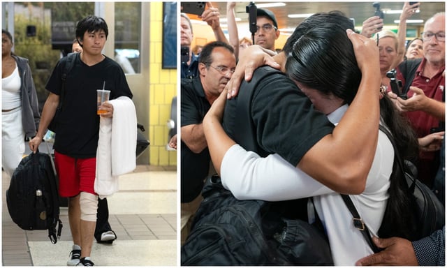 Queens high school student Derlis Snaider Chusin Toaquiza hugs his mother (right) at the Port Authority Bus Terminal after returning to New York on a bus after being released from ICE custody in Texas on Friday, July 18, 2025 in Manhattan, New York. (Barry Williams / New York Daily News)