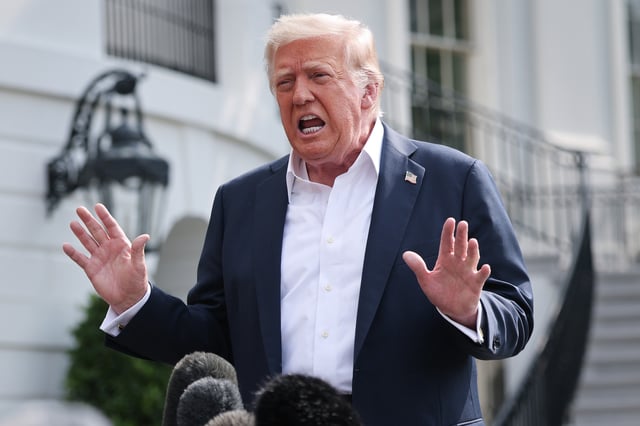 U.S. President Donald Trump answers questions while departing the White House on July 11, 2025 in Washington, DC.