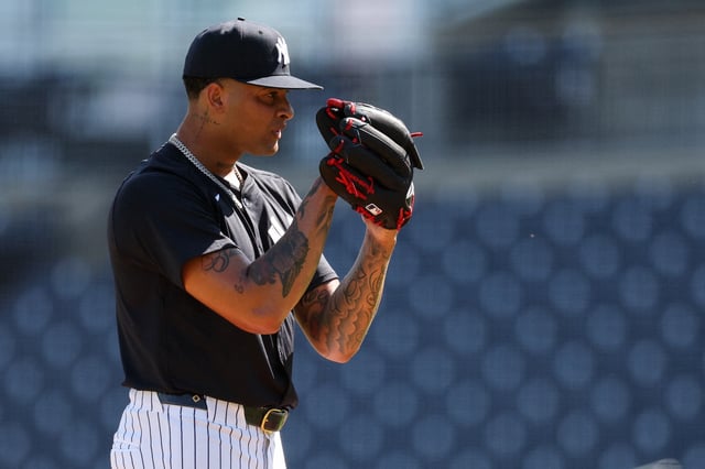 Feb 15, 2025; Tampa, FL, USA; New York Yankees starting pitcher Luis Gil (81) participates in spring training workouts at George M. Steinbrenner Field. Mandatory Credit: Nathan Ray Seebeck-Imagn Images/File Photo